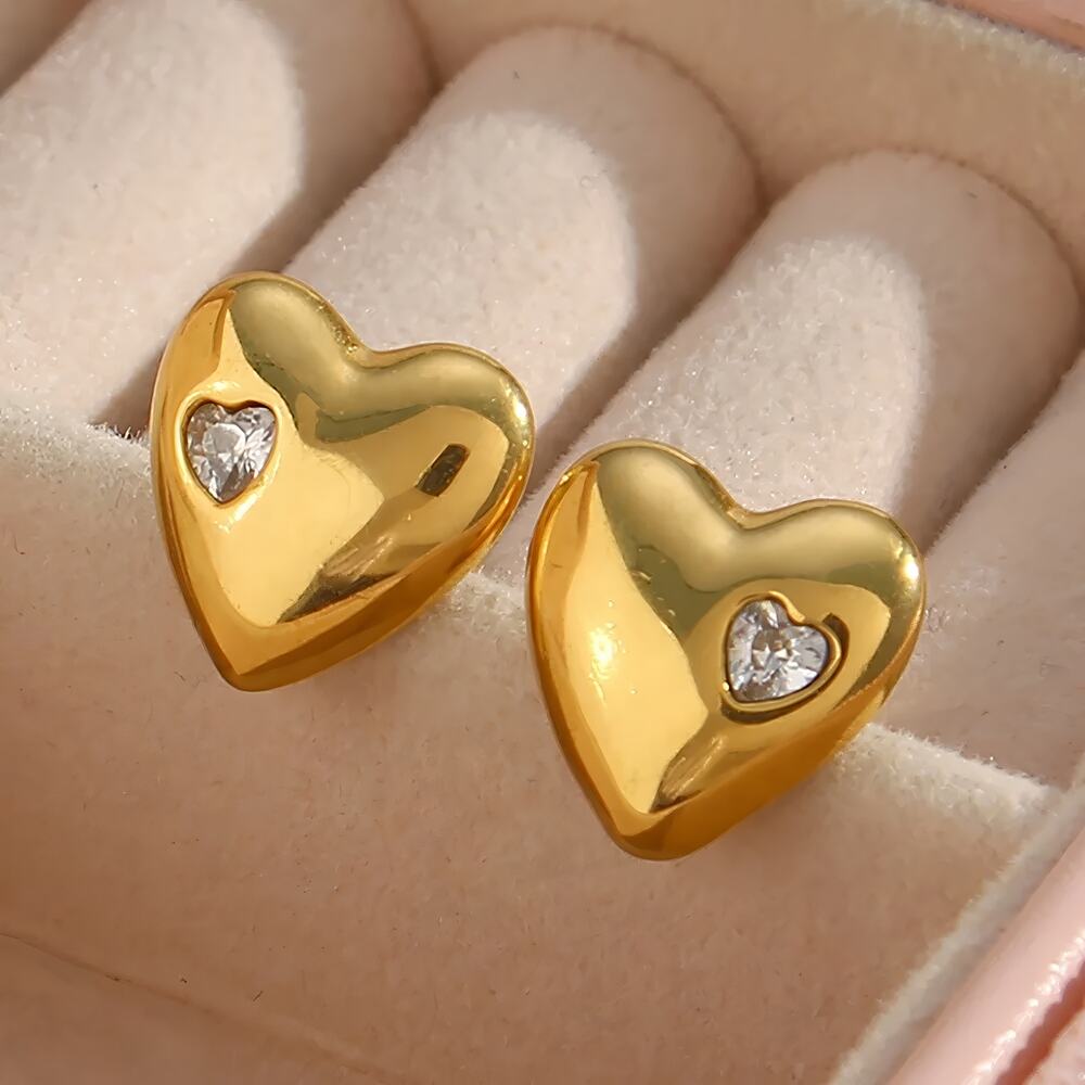 Heart Stud Earrings with Embedded Zircon 18K Gold Plated‎ Stainless Steel